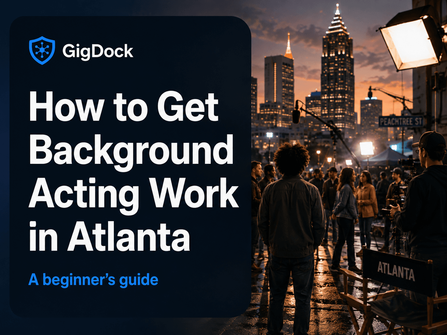 How to Get Background Acting Work in Atlanta — a background actor on a film set at dusk with the Atlanta skyline, from ExtraJobs.